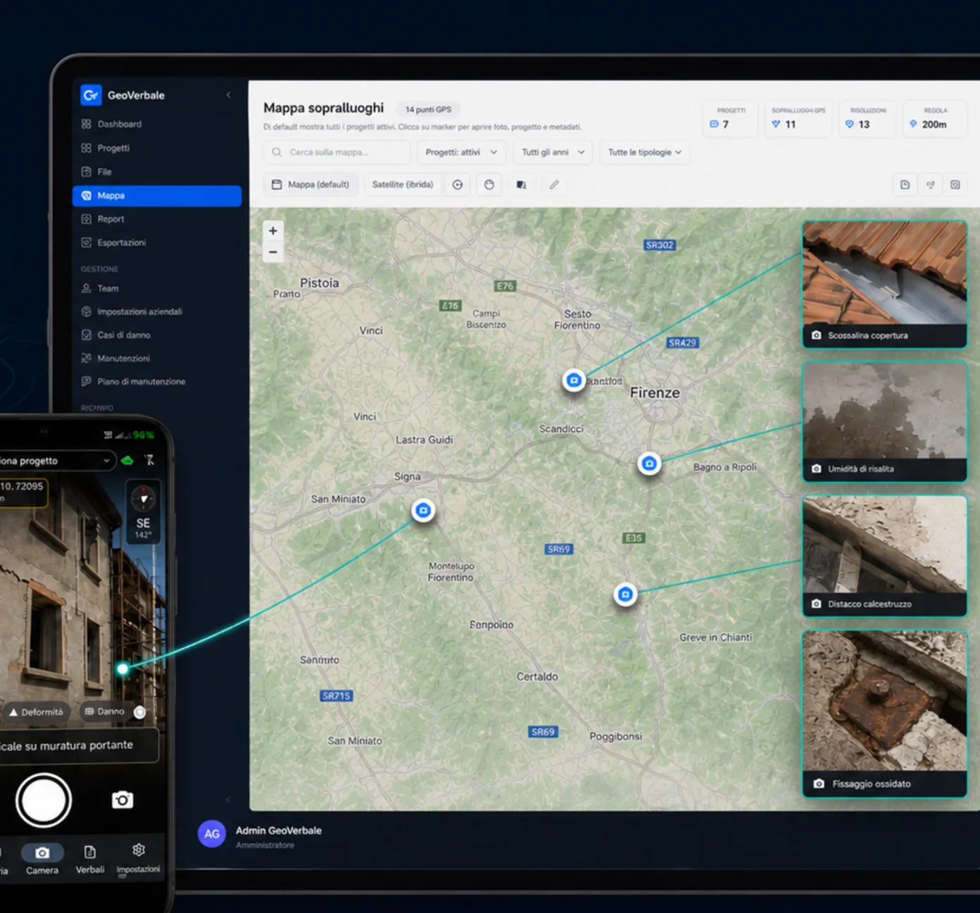 GeoVerbale sul telefono e sul portale: foto tecniche collegate ai punti GPS sulla mappa del sopralluogo